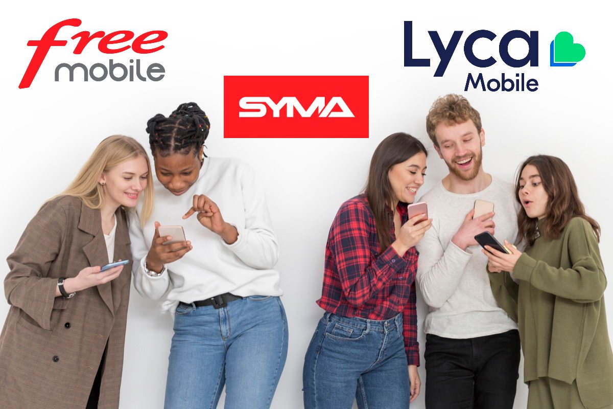 Plusieurs personnes avec smartphone et logos de Sma, Lyca et Free, pour 3 forfaits de 250 Go en 5G à moins de 20€